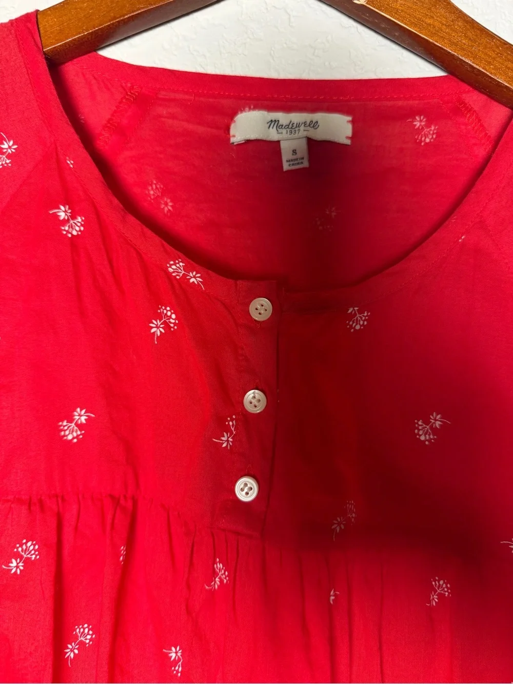 Madewell Red Floral Cotton Peasant Blouse Puff Sleeve Boho Top Small